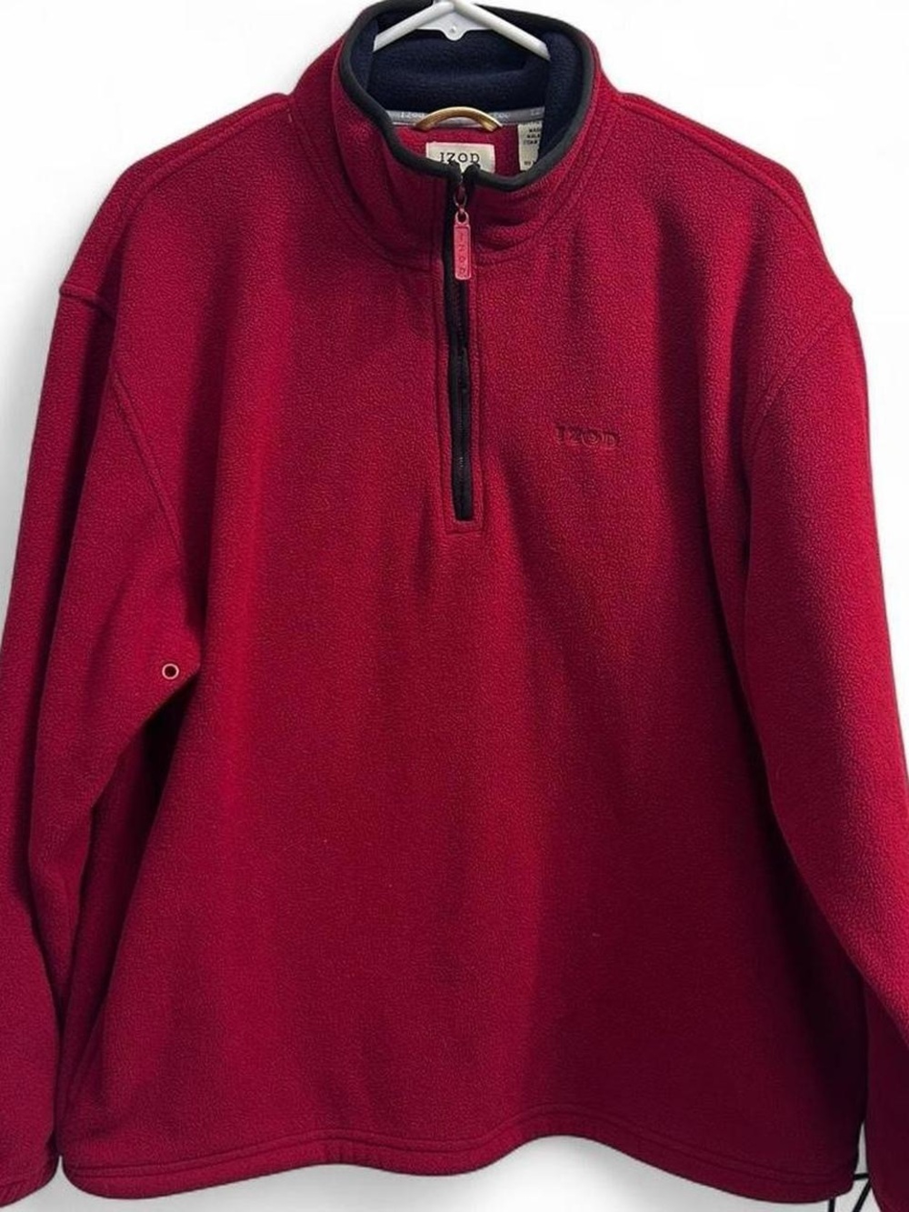 Red Izod quarter zip fleece pullover with black accents